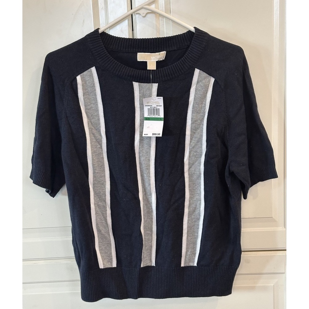 Michael Michael Kors Navy Short Sleeve Sweater Gray Stripes Preppy Classic Sz L